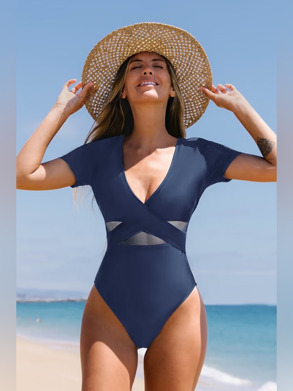 Cupshe Navy Short-Sleeve One-Piece Swimsuit with Mesh Insets
